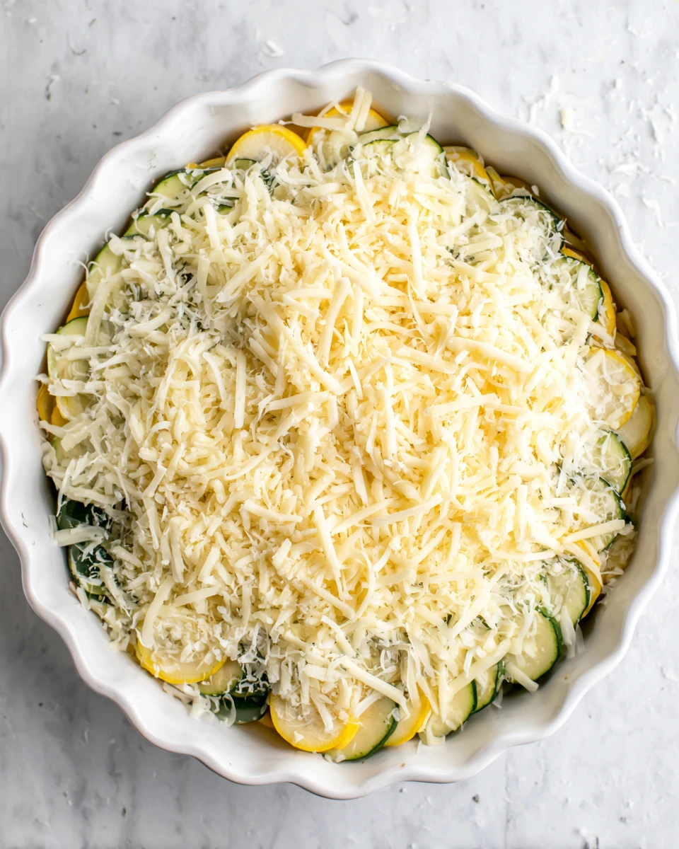 Cheesy zucchini and squash casserole in a white dish, topped with shredded mozzarella cheese.