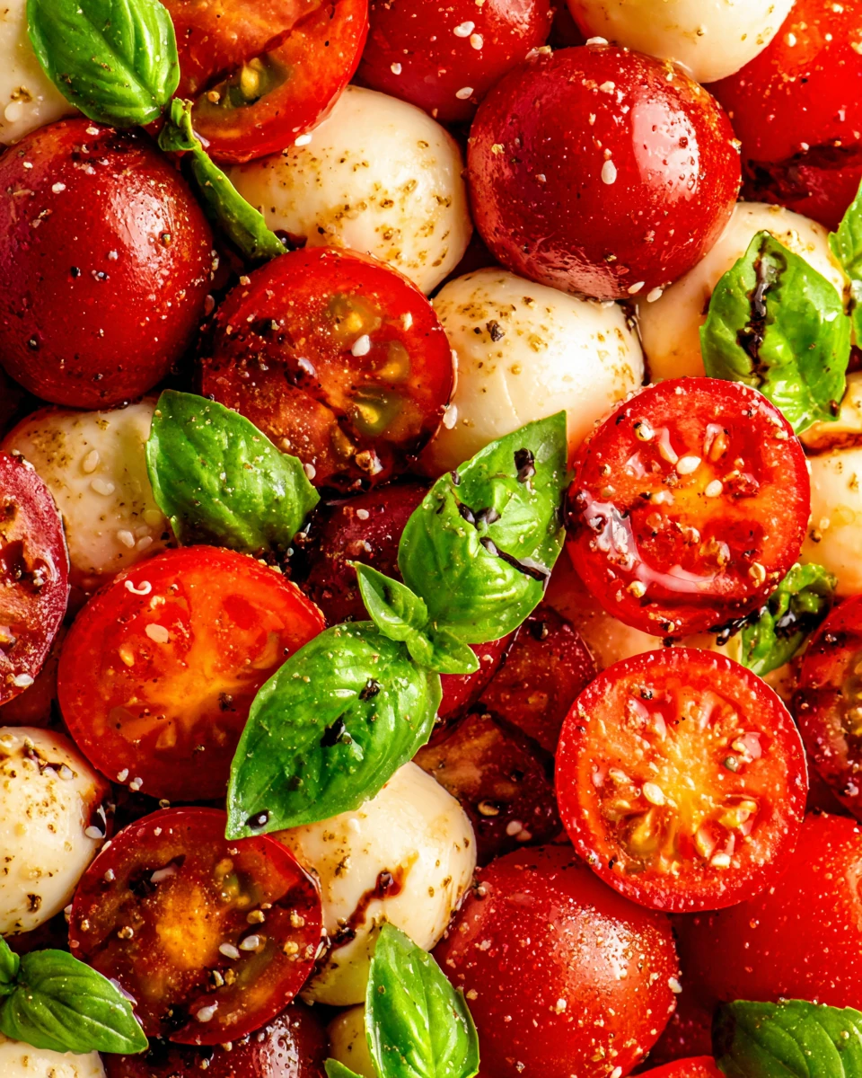Cherry tomato caprese salad with mozzarella and basil, garnished with balsamic glaze