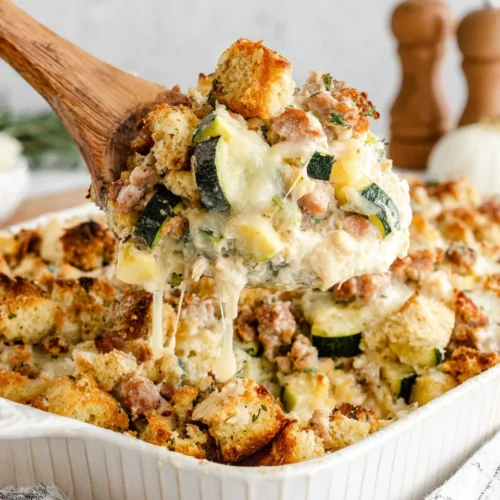 Creamy chicken zucchini casserole with golden stuffing topping in a white dish