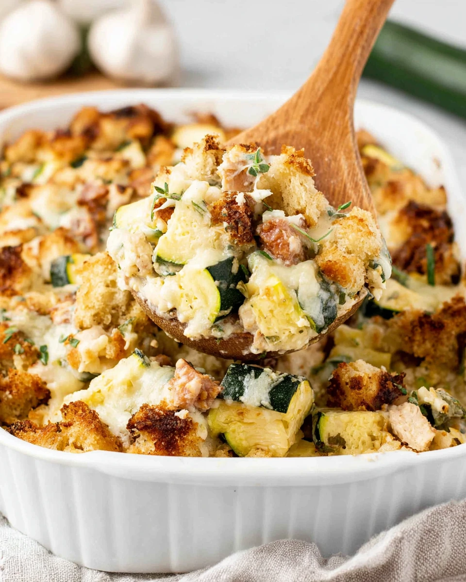 Creamy chicken zucchini casserole with golden stuffing topping in a white dish