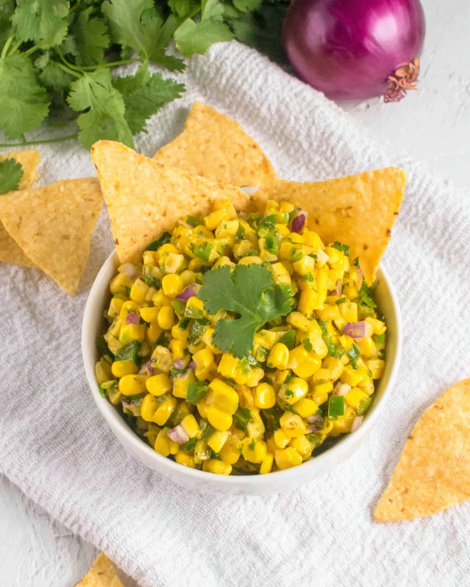 Chipotle Corn Salsa with Tortilla Chips Chipotle corn salsa with tortilla chips and fresh cilantro on a white tablecloth
