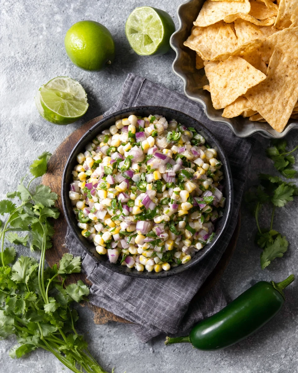 Chipotle corn salsa in a black bowl with tortilla chips and fresh ingredients