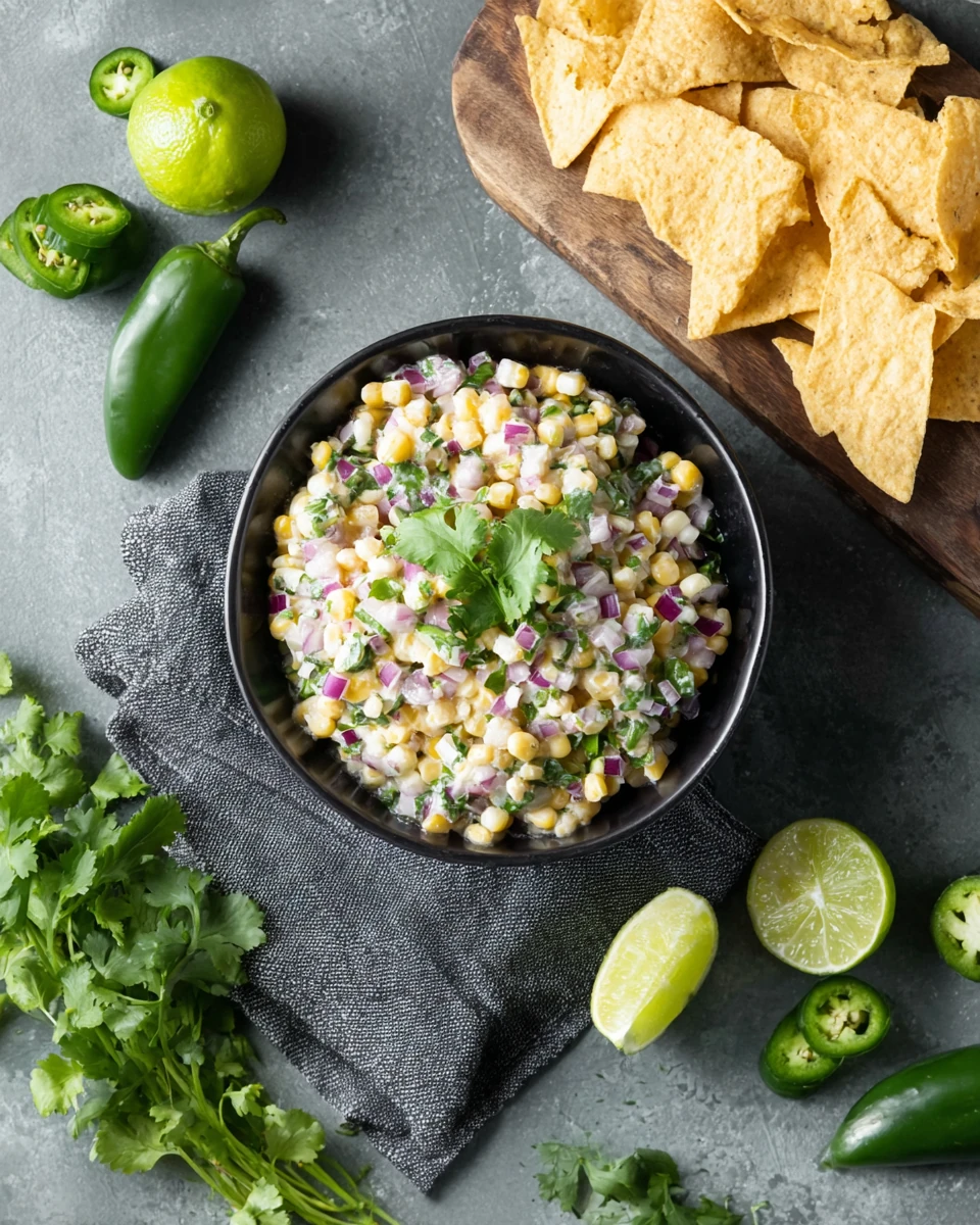 Chipotle corn salsa in a black bowl with tortilla chips, limes, and cilantro