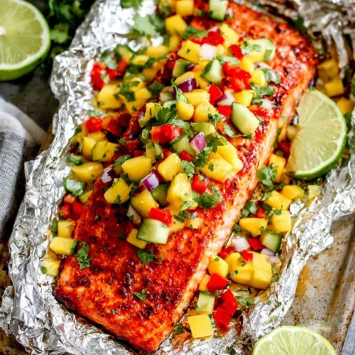 Chipotle salmon with mango salsa on foil, fresh and colorful