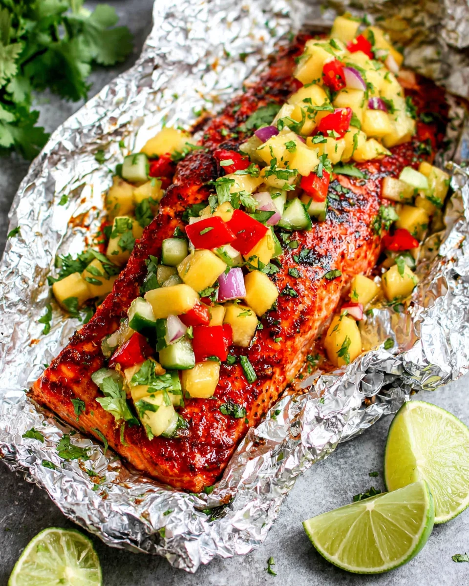 Chipotle salmon with mango salsa on foil, fresh and colorful