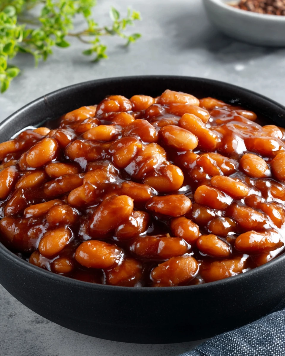 Classic baked beans from scratch in a black bowl, glossy and hearty