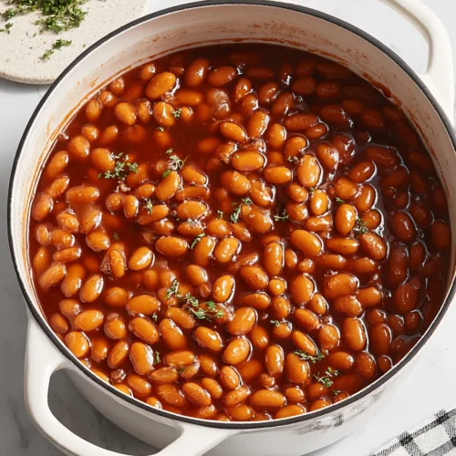 Classic baked beans from scratch in a white Dutch oven, glossy and hearty
