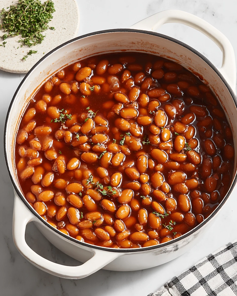 Classic baked beans from scratch in a white Dutch oven, glossy and hearty