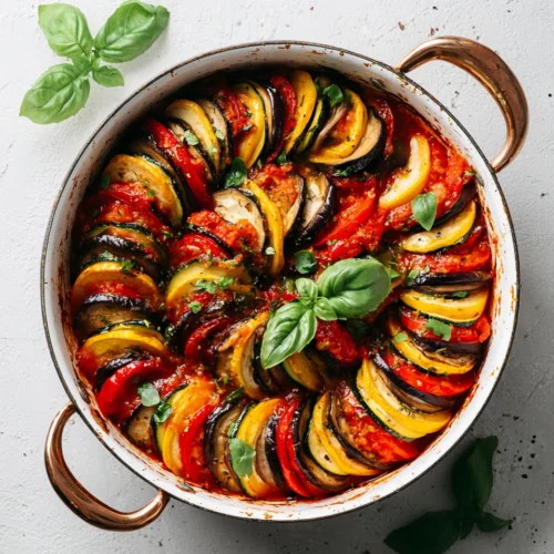Classic French ratatouille with eggplant, zucchini, peppers, and tomatoes in a white pan, garnished with basil