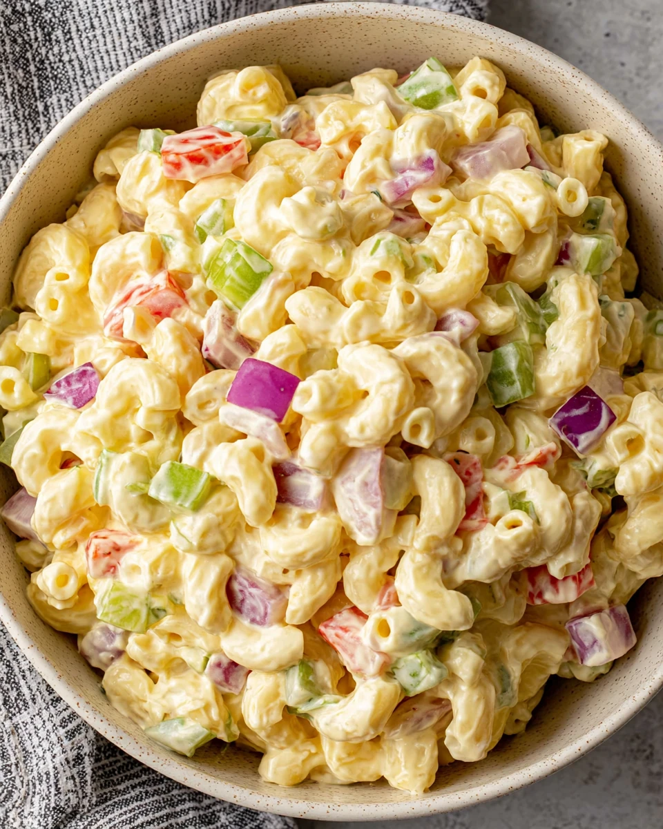 Classic macaroni salad with creamy dressing and fresh vegetables in a bowl
