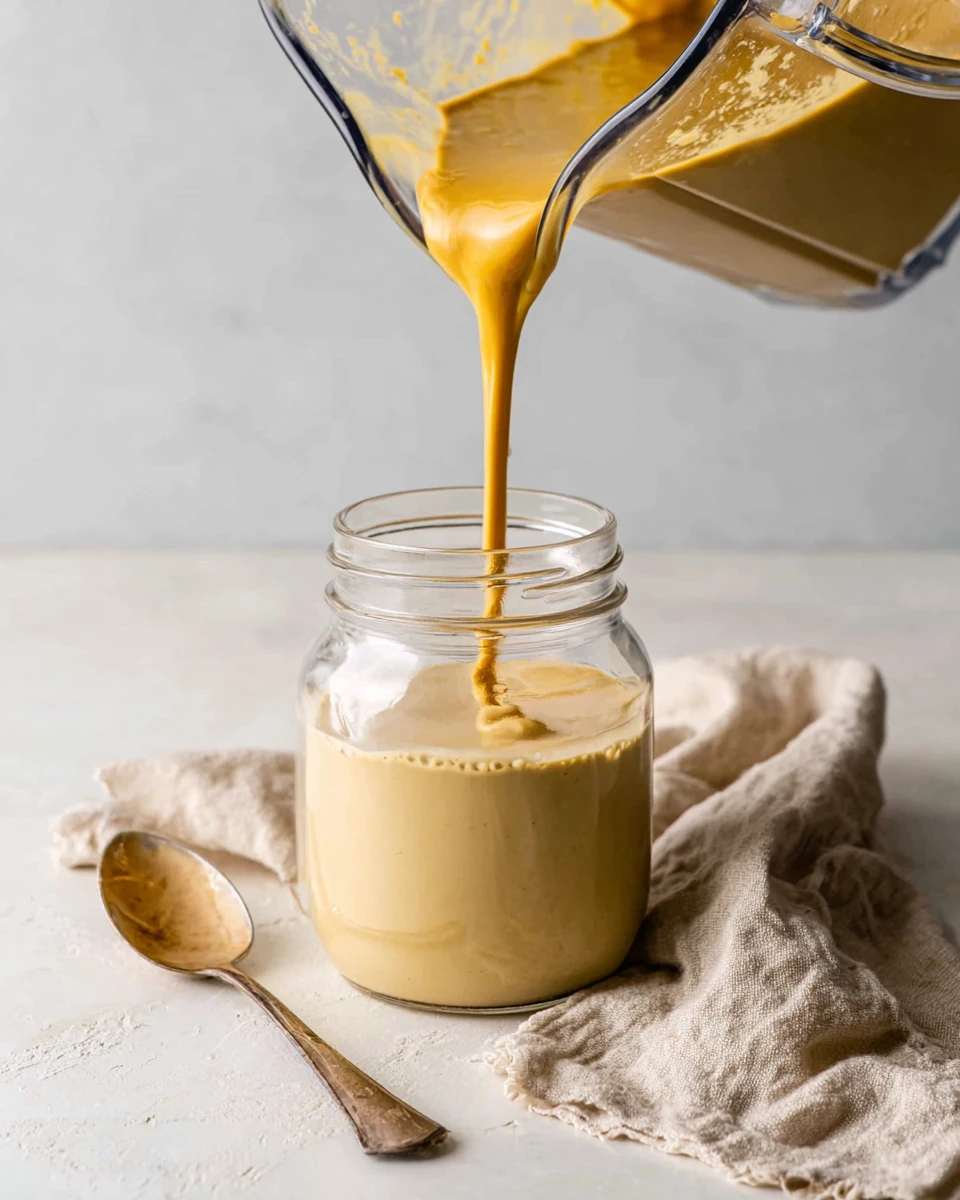 Creamy coffee smoothie being poured into a glass jar, featuring peanut butter and banana flavors