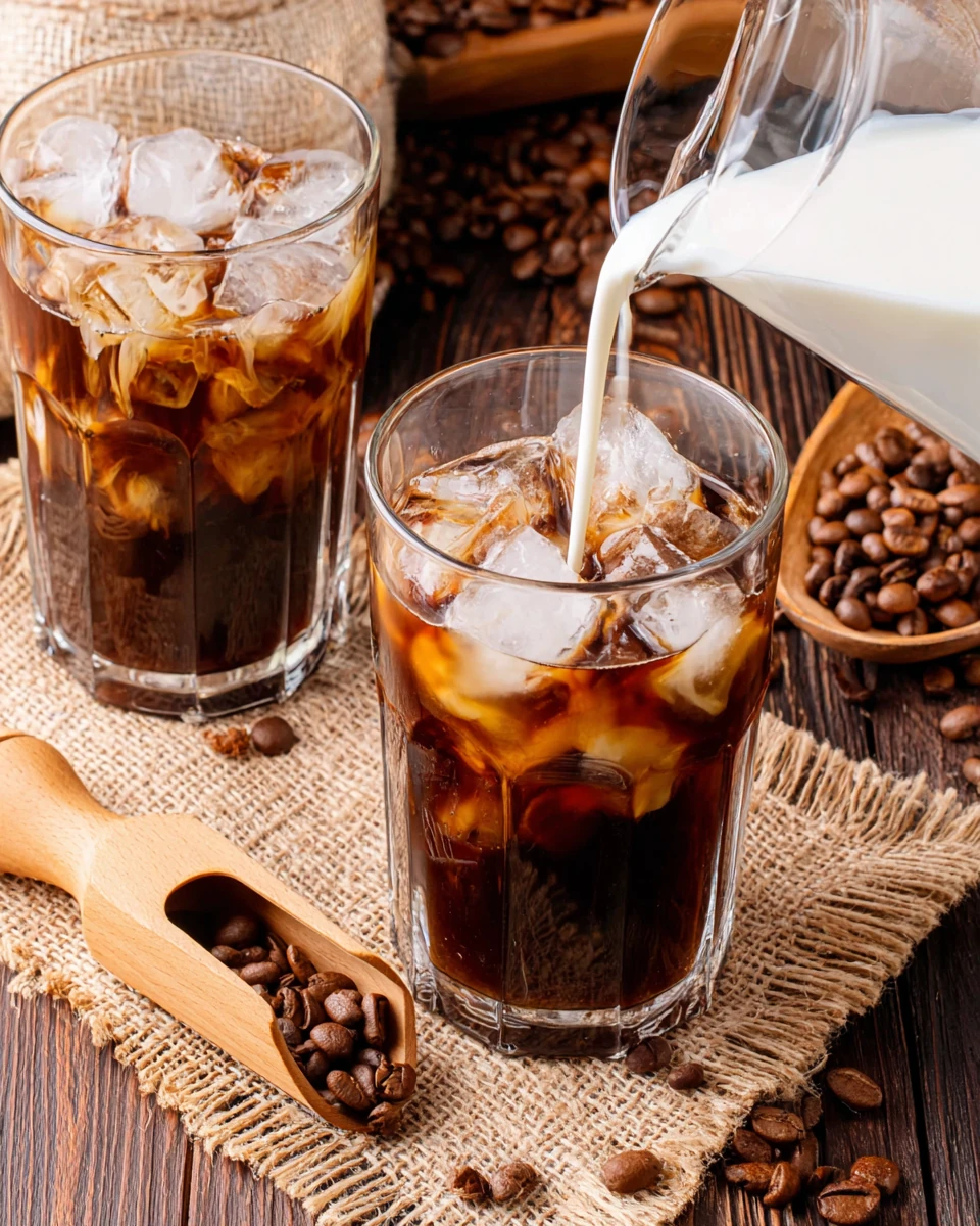 Cold Brew Coffee Recipe with Milk and Ice Cold brew coffee with milk being poured into glasses with ice and coffee beans around