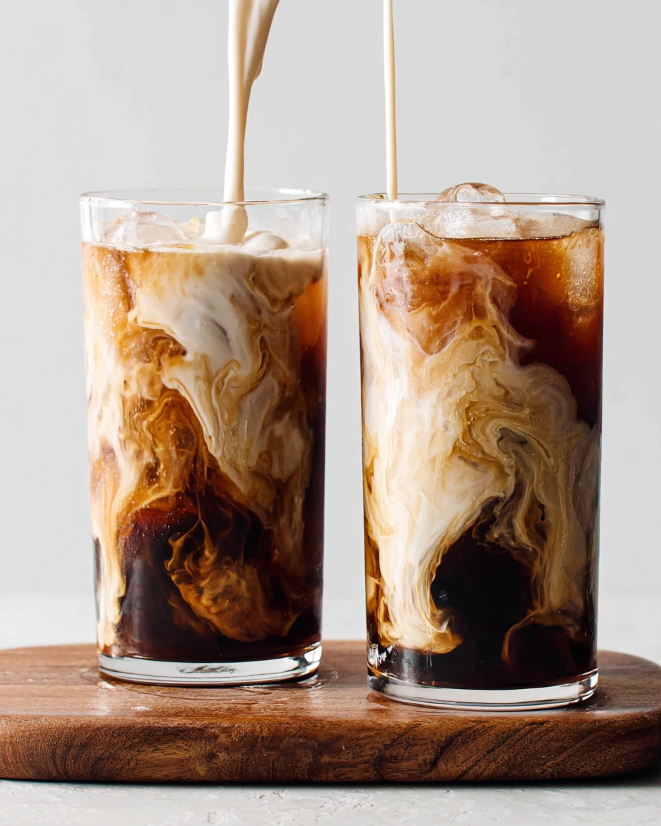 Two glasses of cold brew coffee with cream swirls and ice, served on a wooden board