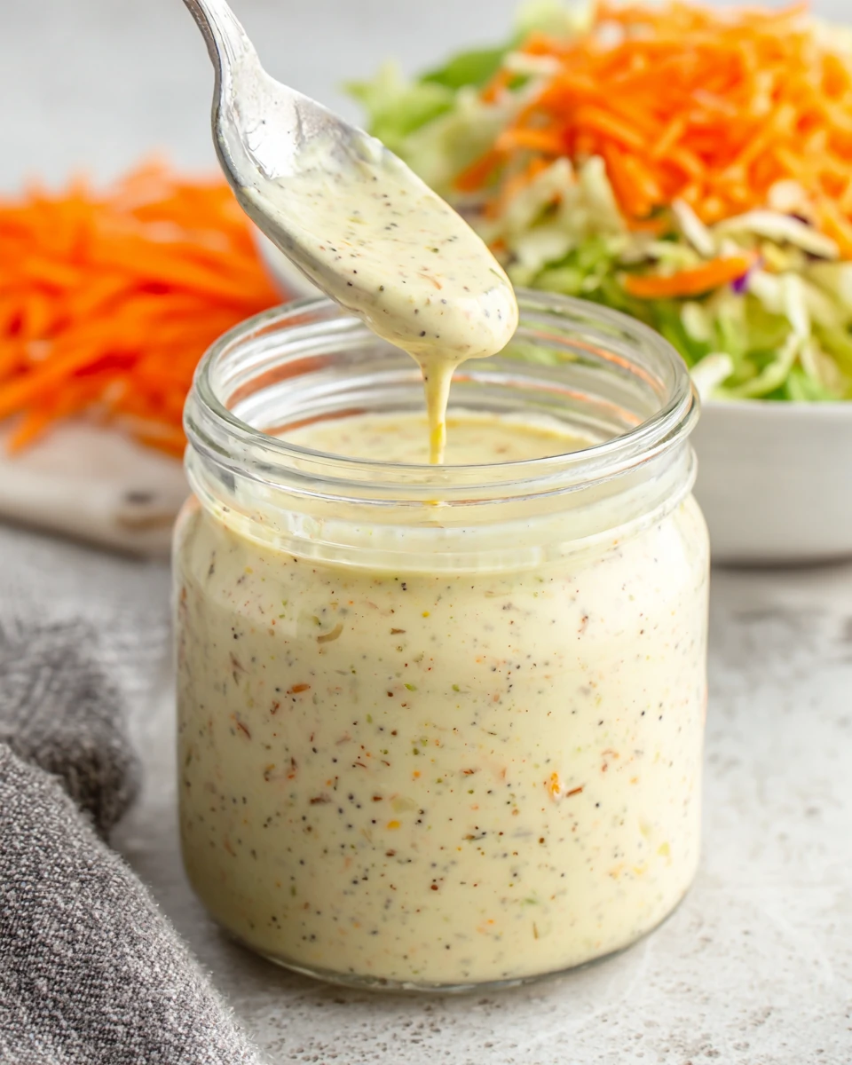 Healthy Coleslaw Dressing in Glass Jar with Spoon Healthy coleslaw dressing in a glass jar with a spoon, creamy texture with specks of mustard and celery seed