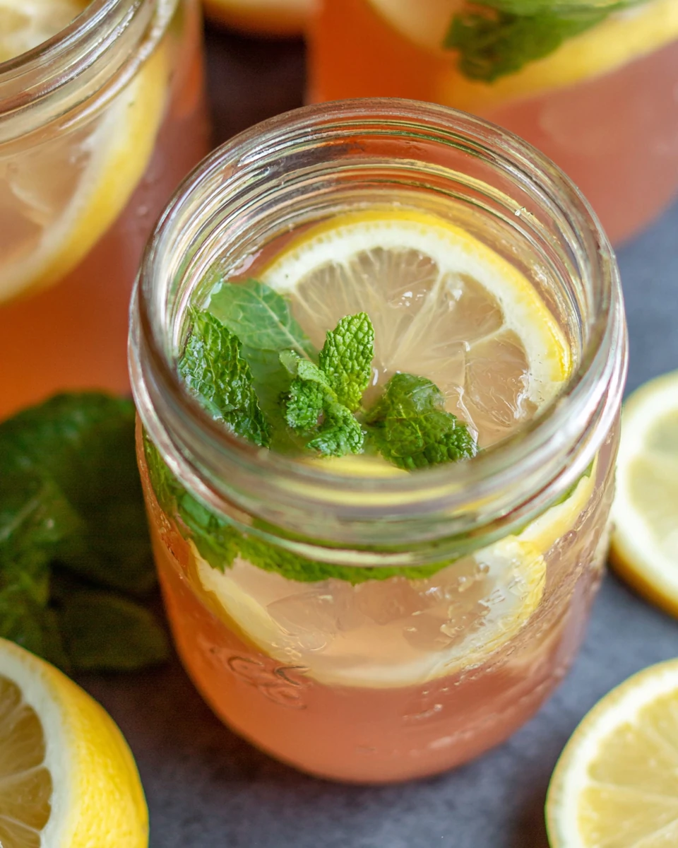 Copycat Chick-Fil-A watermelon mint lemonade in a glass jar with lemon slices and mint