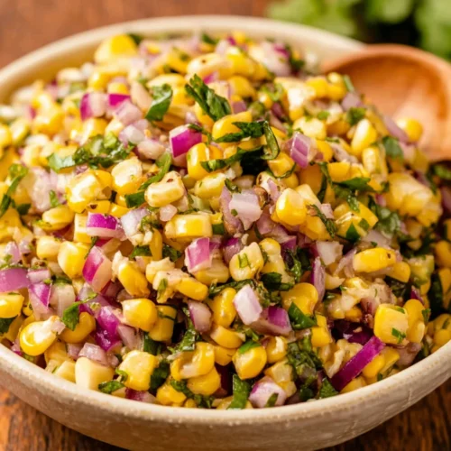 Copycat Chipotle Chili Corn Salsa: Delightfully Easy Recipe 1 Copycat Chipotle chili corn salsa with corn, red onion, and cilantro in a white bowl