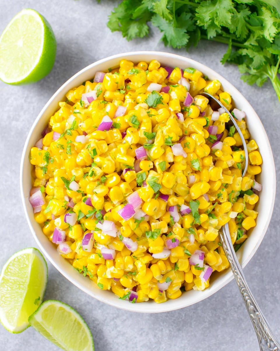 Copycat Chipotle corn salsa in a white bowl with lime wedges and cilantro