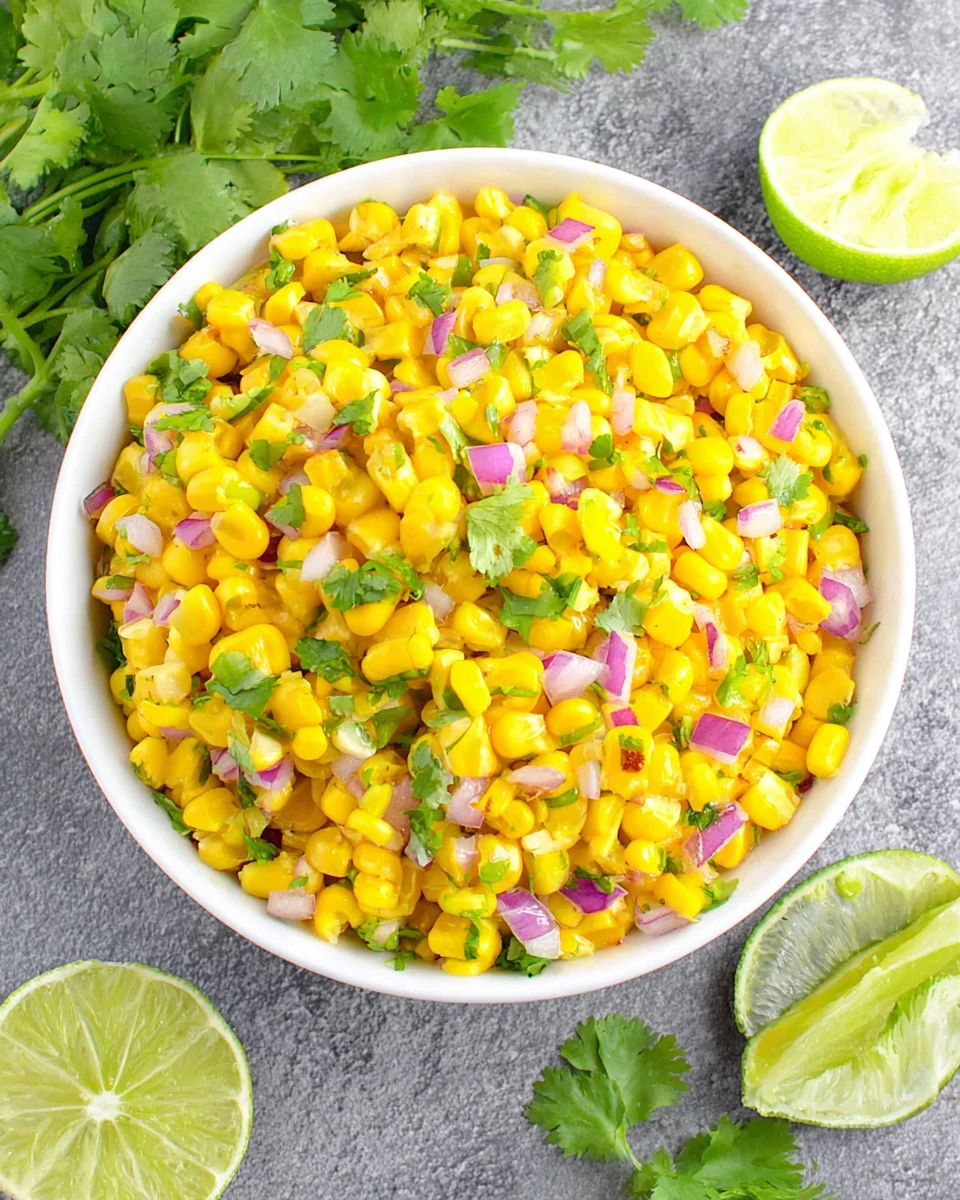 Copycat Chipotle corn salsa in a white bowl with lime wedges and cilantro