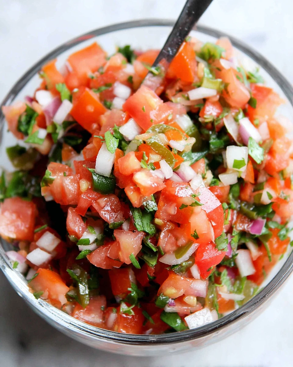 Copycat Chipotle pico de gallo in a glass bowl with fresh tomatoes, onions, cilantro, and jalapeños