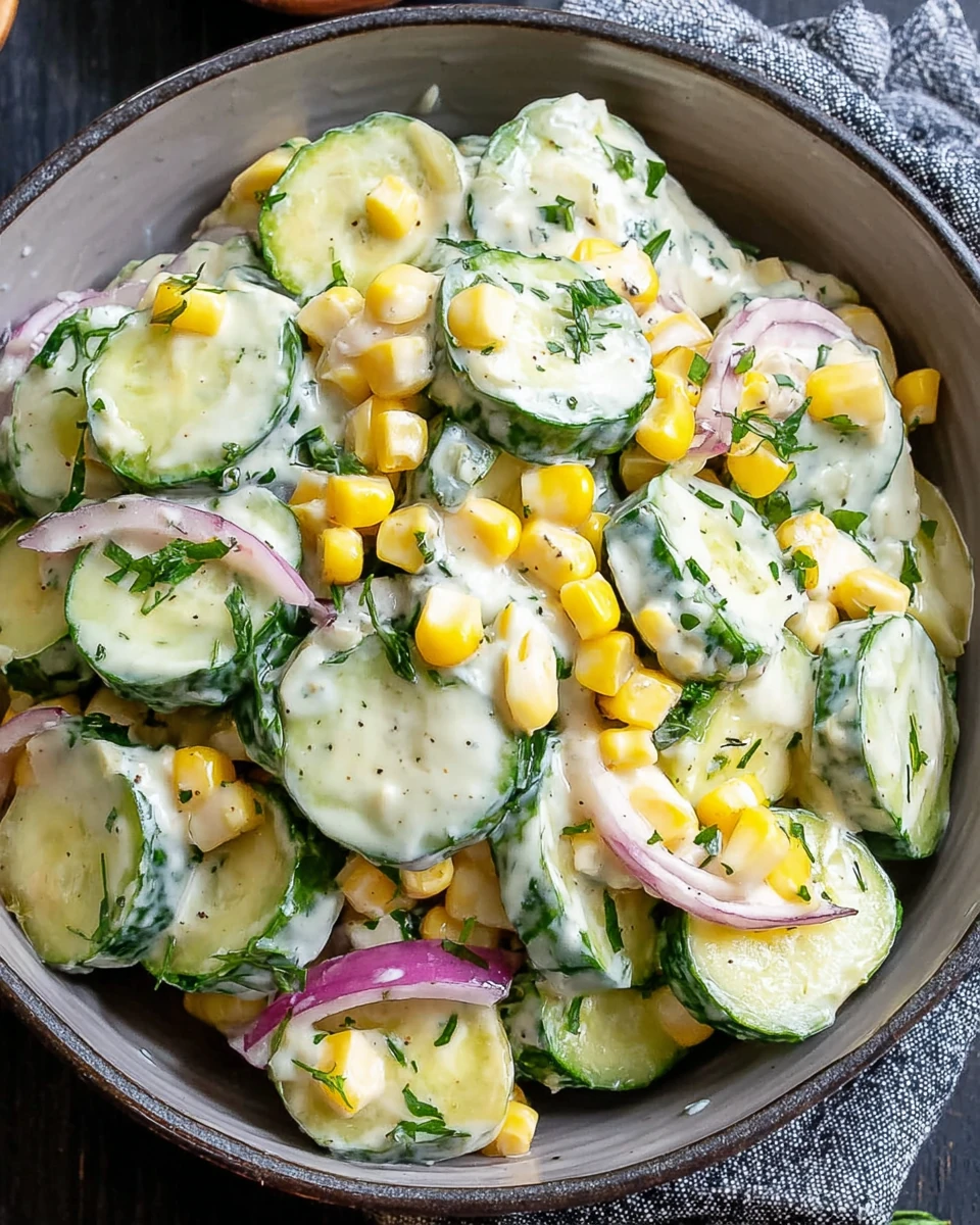 Fresh corn cucumber salad with creamy dressing, sliced cucumbers, corn, and herbs in a bowl
