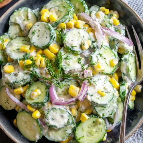 Fresh corn cucumber salad with creamy dressing and herbs in a bowl