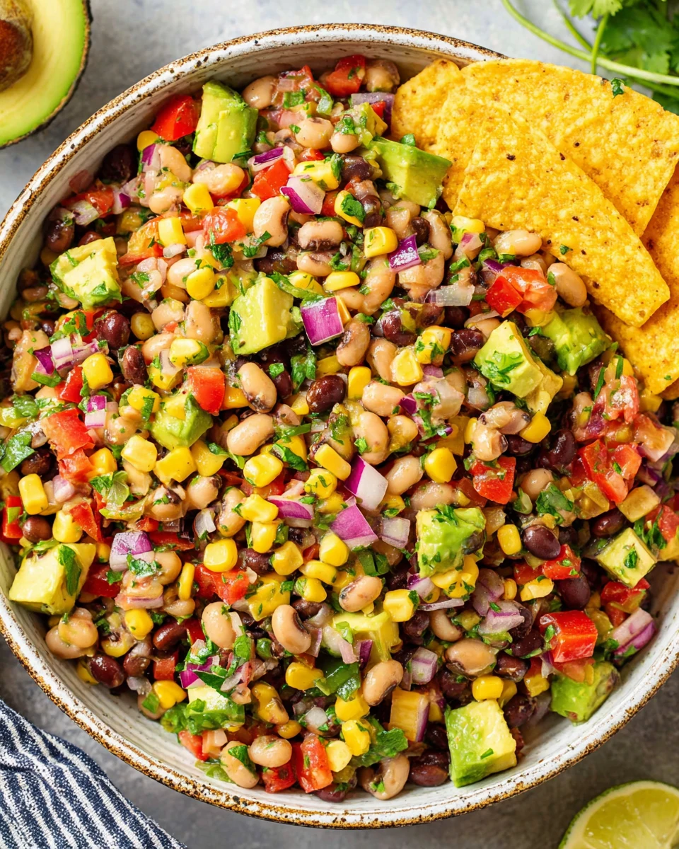 Cowboy Caviar Salad with Black Beans and Avocado Colorful cowboy caviar salad with beans, corn, tomatoes, and avocado in a white bowl
