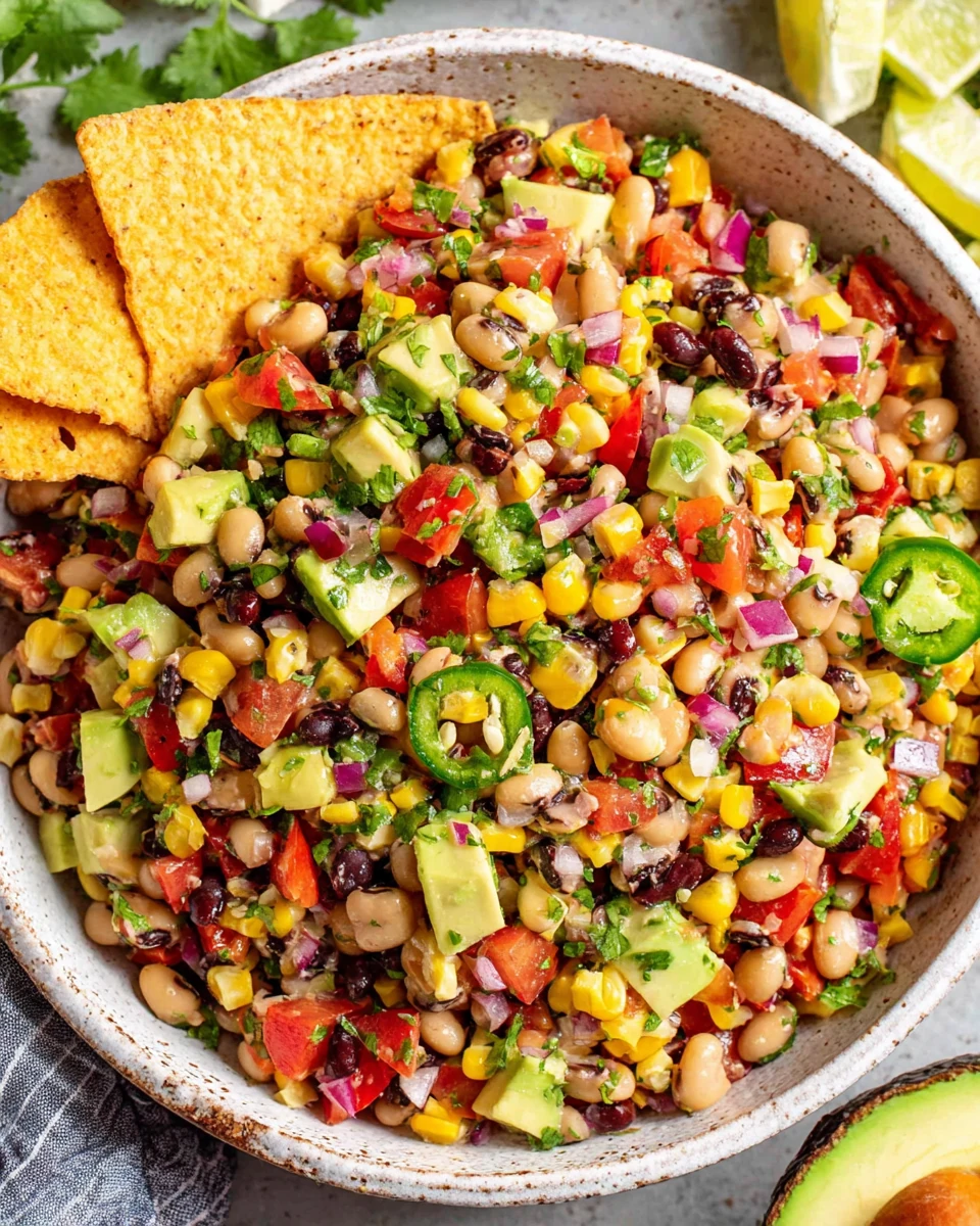 Cowboy Caviar Salad with Tortilla Chip Colorful cowboy caviar salad with beans, corn, tomatoes, and tortilla chip