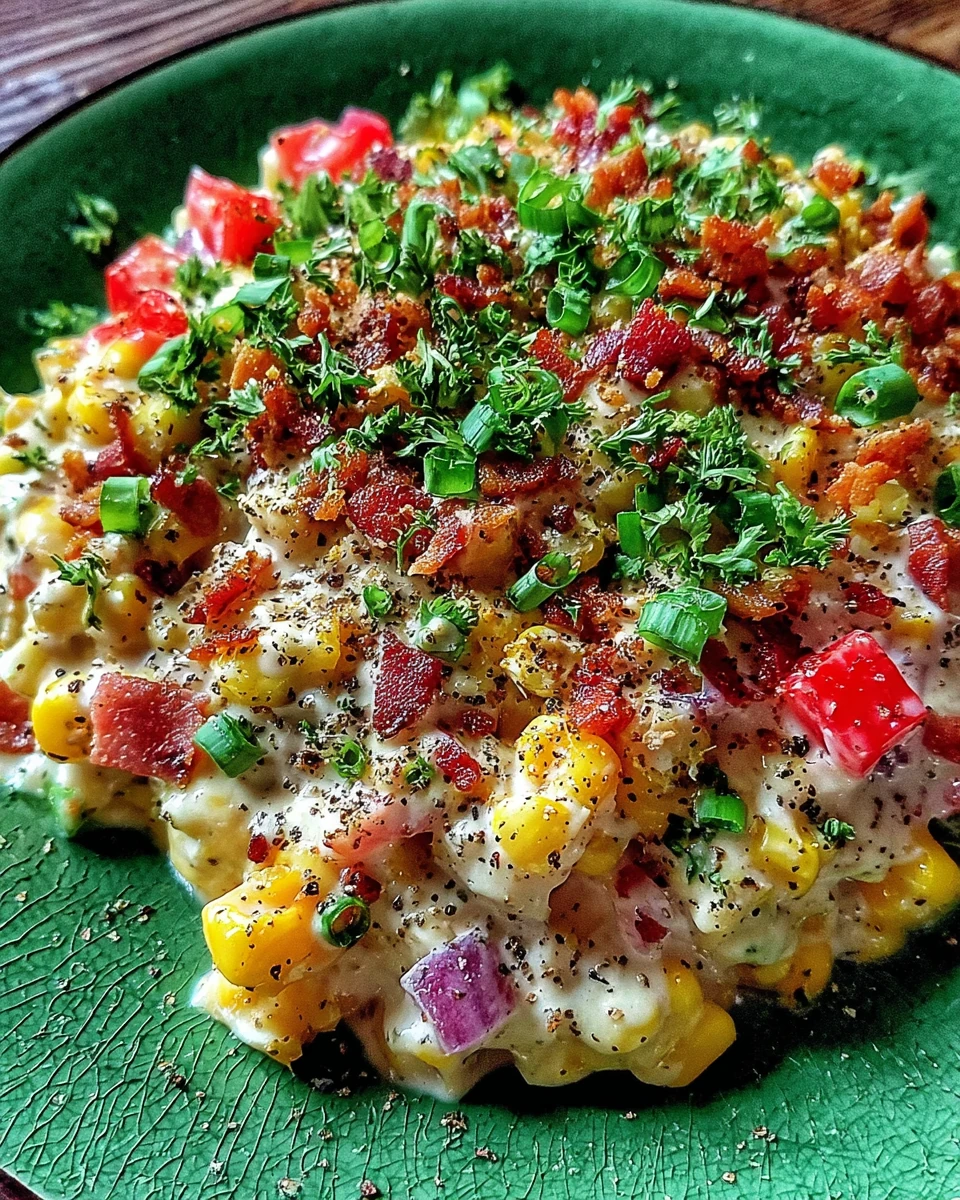 Crack Corn Salad with Fresh Vegetables and Bacon Creamy crack corn salad with corn, red peppers, green onions, and bacon bits on a green plate