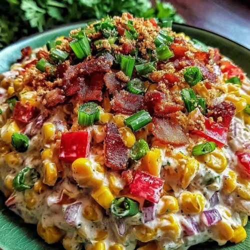 Deliciously Easy Crack Corn Salad Recipe 1 Creamy crack corn salad with corn, bacon, red pepper, and green onions on a green plate