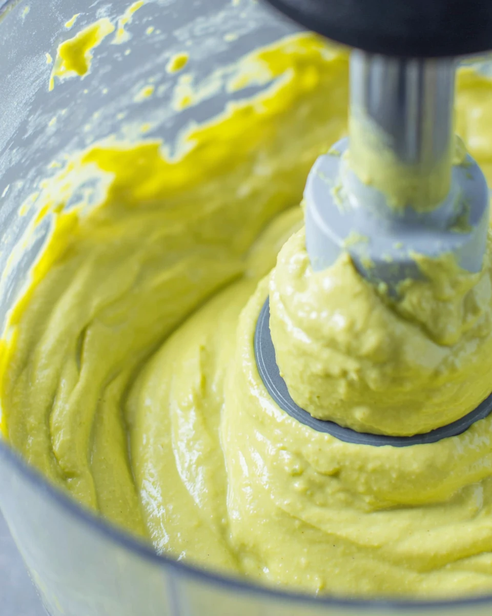 Creamy avocado dip in a food processor, smooth green texture