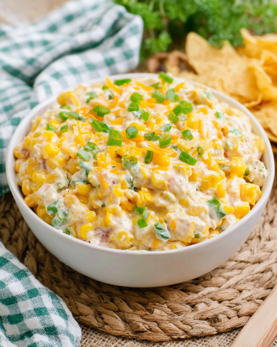 Creamy corn dip with green onions and cheese in a white bowl