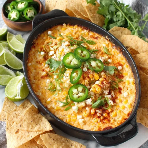 Creamy elote dip with corn, jalapeños, and cilantro, served with tortilla chips
