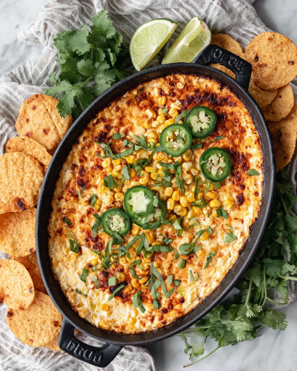Creamy elote dip with corn, jalapeños, and cilantro, served with tortilla chips