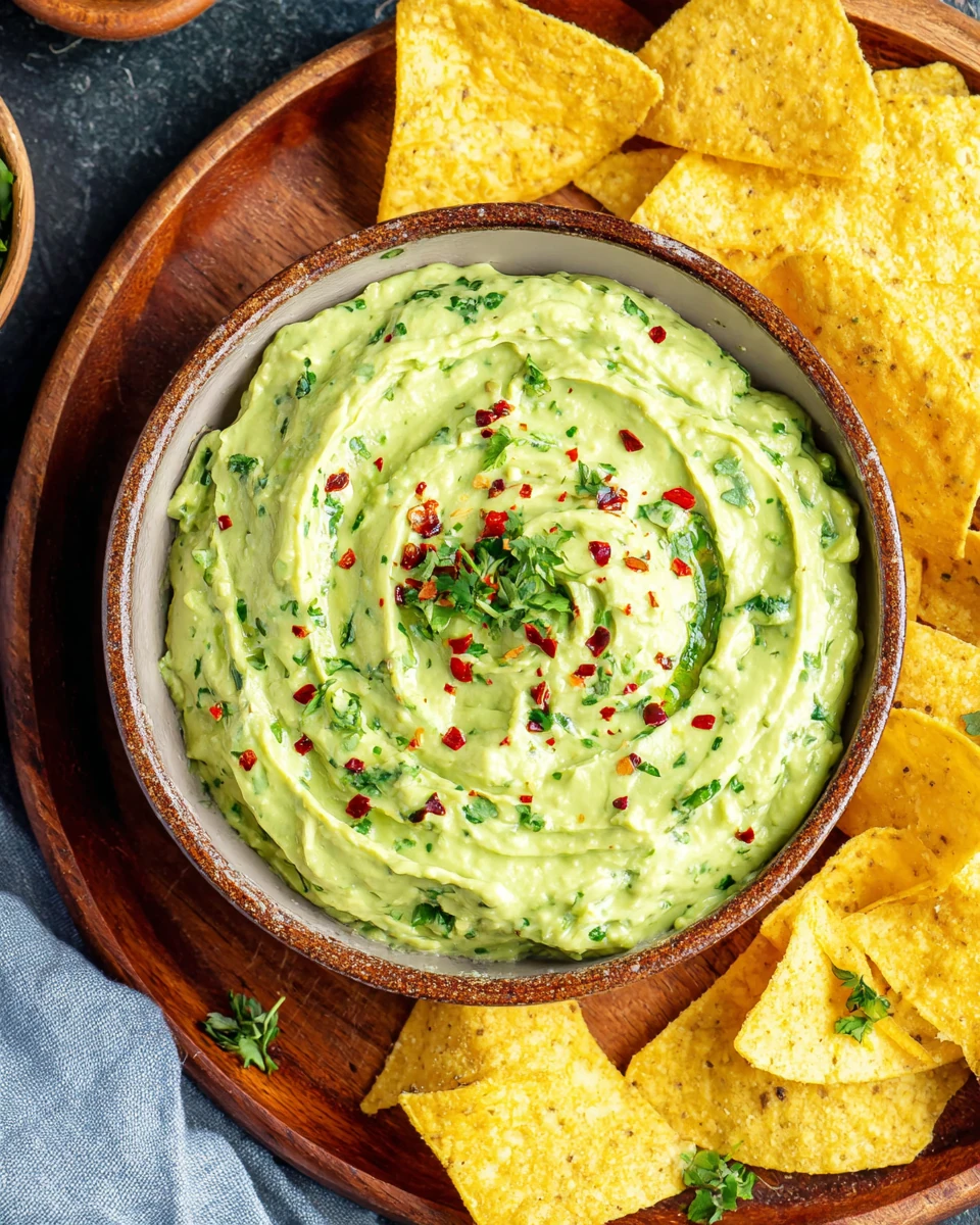 Creamy guasacaca dip in a white bowl with tortilla chips