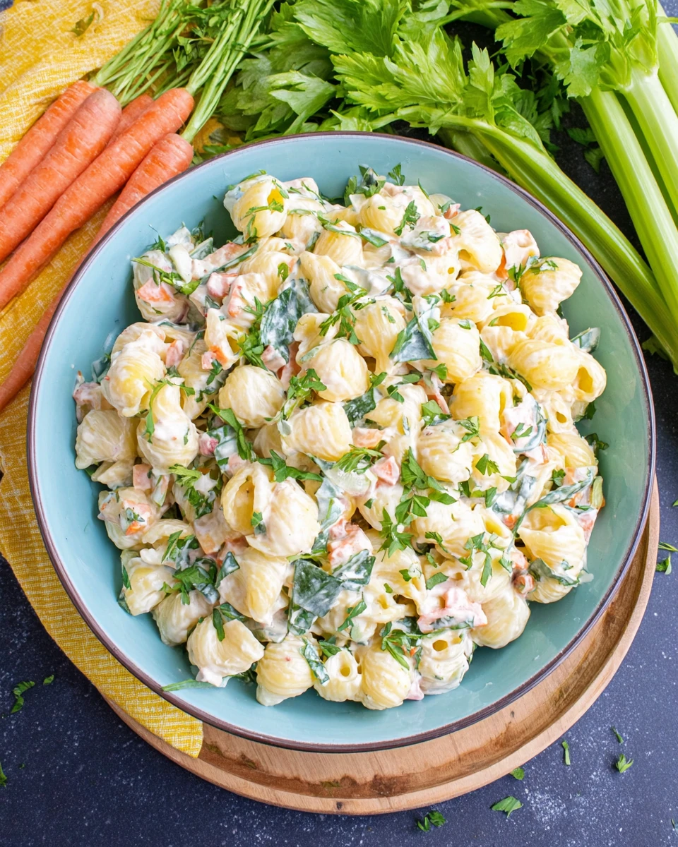 Creamy Macaroni Pasta Salad with Fresh Veggies Creamy macaroni pasta salad in a bowl with fresh vegetables and herbs
