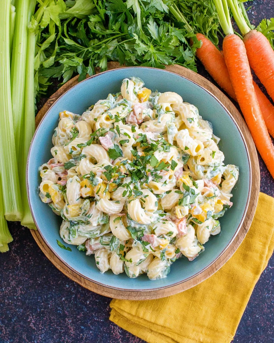 Creamy Macaroni Pasta Salad with Fresh Vegetables Creamy macaroni pasta salad in a bowl with fresh vegetables and herbs