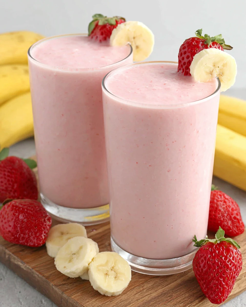 Creamy strawberry banana smoothie in glass with fresh fruit garnish