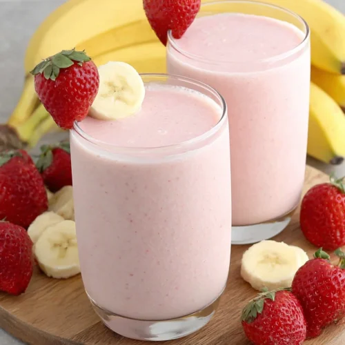 Creamy strawberry banana smoothie in glass with fresh fruit garnish