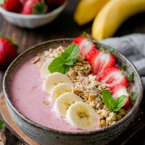 Creamy Strawberry Banana Smoothie Bowl: A Delightful Treat 1 Creamy strawberry banana smoothie bowl topped with fresh fruit and granola
