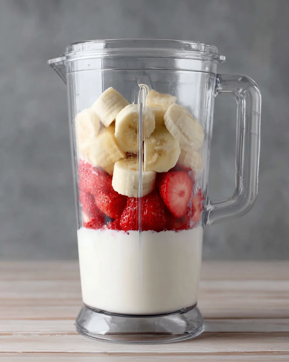 Creamy Strawberry Banana Smoothie Bowl Ingredients Creamy strawberry banana smoothie bowl ingredients in a blender