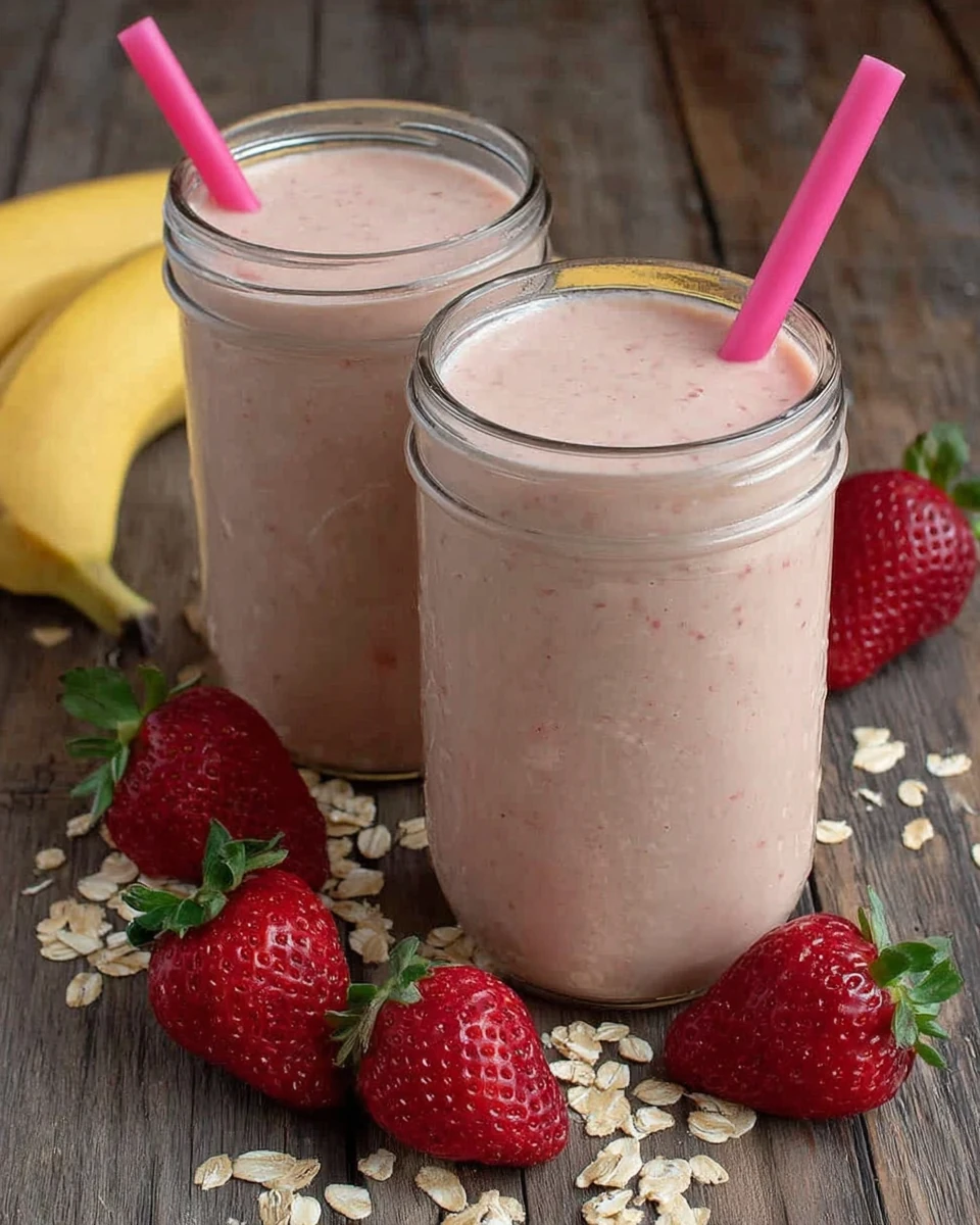 Creamy strawberry banana smoothie delight in glass jars with fresh fruit and oats