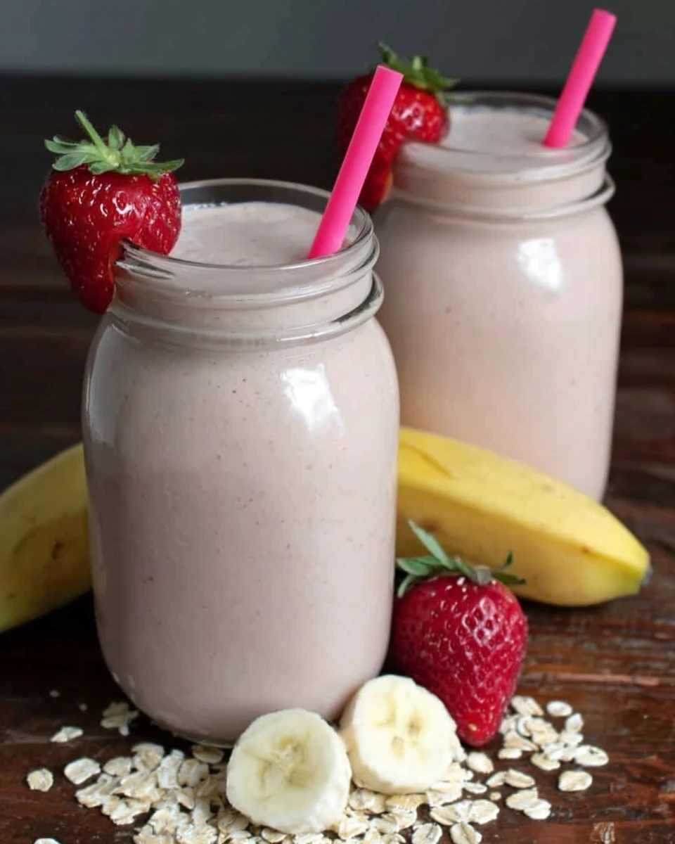 Creamy strawberry banana smoothie delight in glass jars with fresh fruit and oats