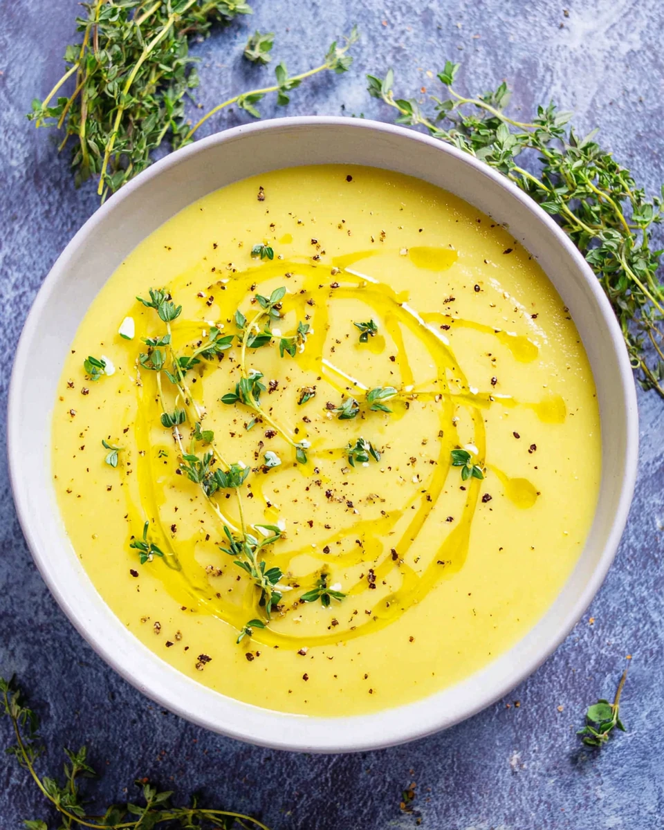 Creamy yellow squash soup in a white bowl with olive oil drizzle and fresh herbs