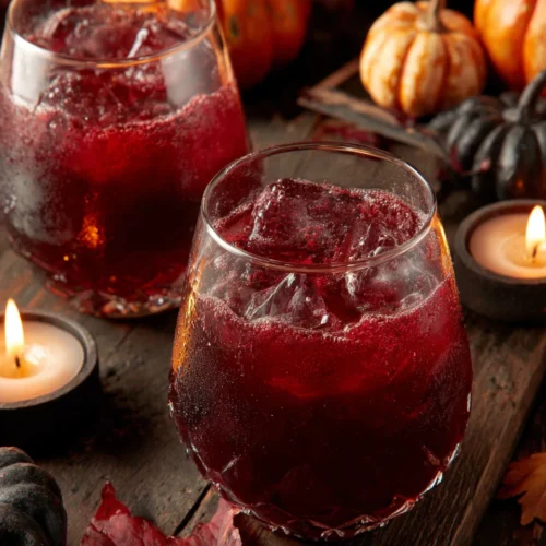 Creepy Halloween punch in red glasses with ice, pumpkins, and candles