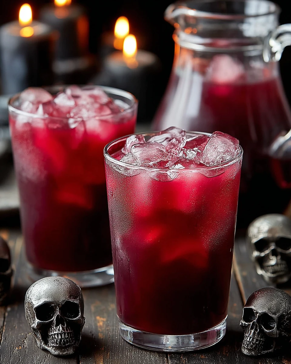 Creepy Halloween punch in red glasses with ice, surrounded by metallic skulls and candles.