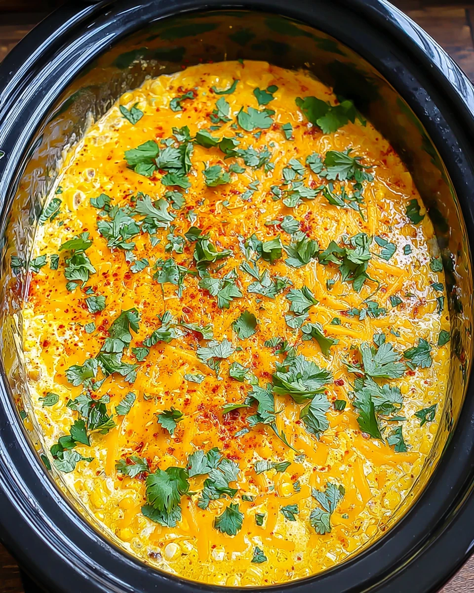Creamy crock pot street corn dip with cheese and cilantro in slow cooker