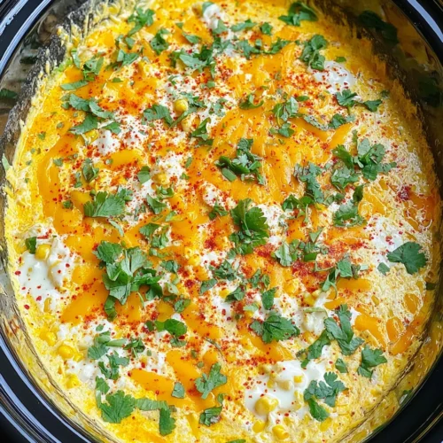 Crock pot street corn dip with melted cheese and cilantro