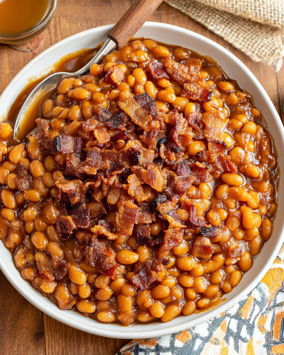 Crockpot Baked Beans with Bacon Crockpot baked beans with crispy bacon in a white bowl