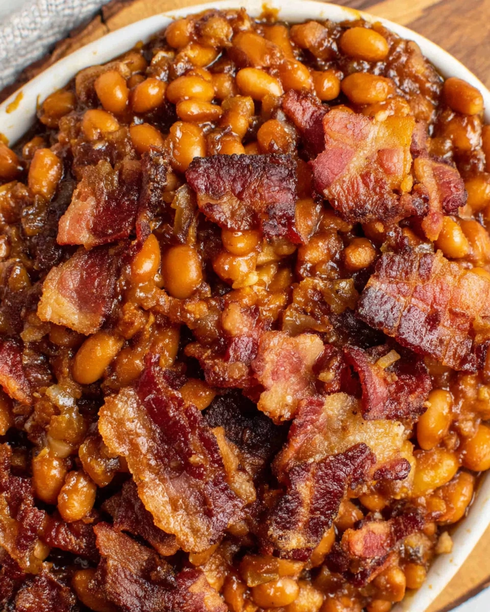 Crockpot Baked Beans with Bacon and BBQ Sauce Crockpot baked beans with bacon and glossy sauce, perfect for family meals