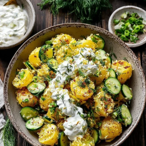 Crispy Crunchy Potato Salad: A Flavorful Delight 1 Crunchy potato salad with roasted potatoes, herbs, and creamy dressing in a speckled bowl